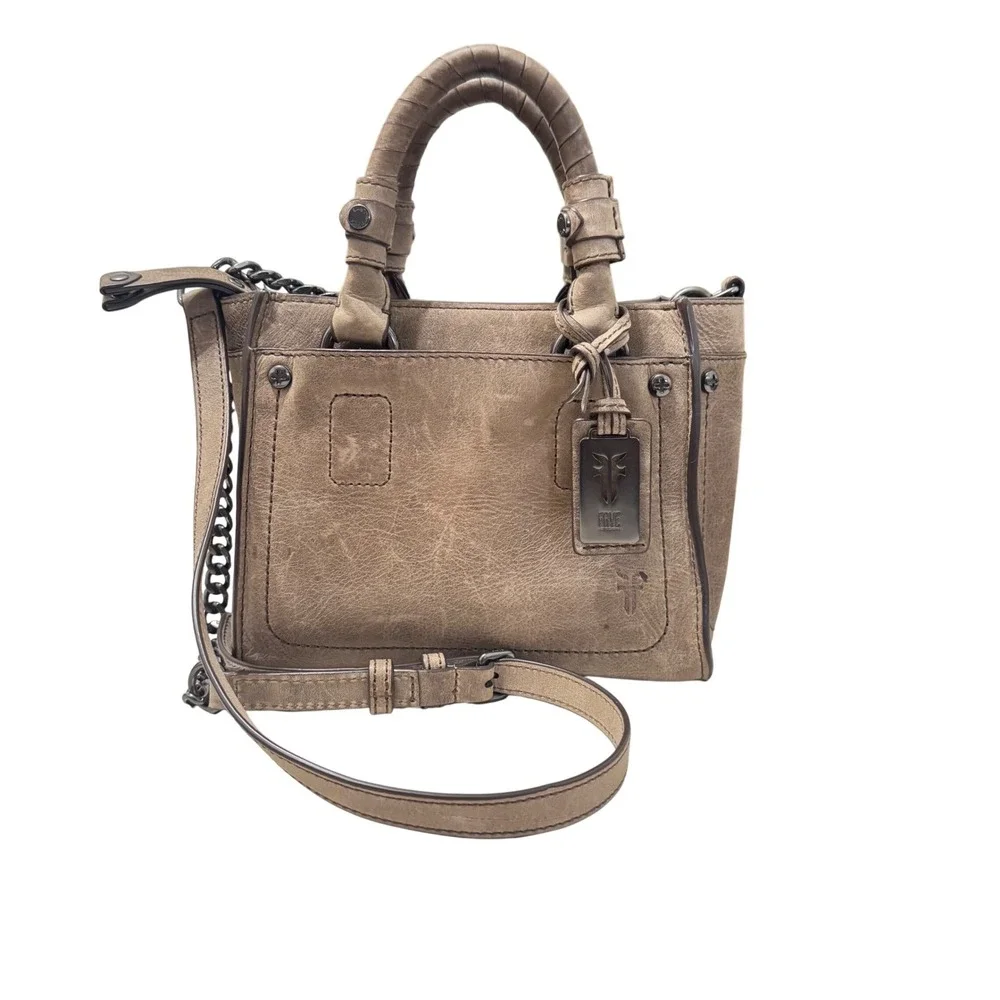 Frye Taupe Leather Satchel with Chain Strap